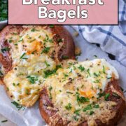 Air fryer breakfast bagels with a text overlay title.