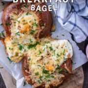 Air fryer breakfast bagels with a text overlay title.