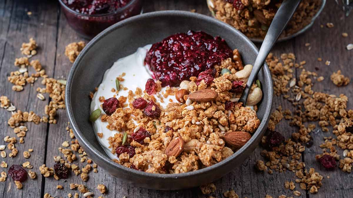 A bowl of yogurt, compote and air fryer granola.