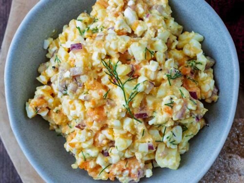Cottage cheese egg salad in a round grey bowl.