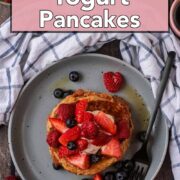 Greek yogurt pancakes with a text overlay title.