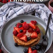 Greek yogurt pancakes with a text overlay title.