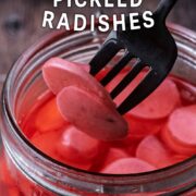 A jar of pickled radishes with a text overlay title.