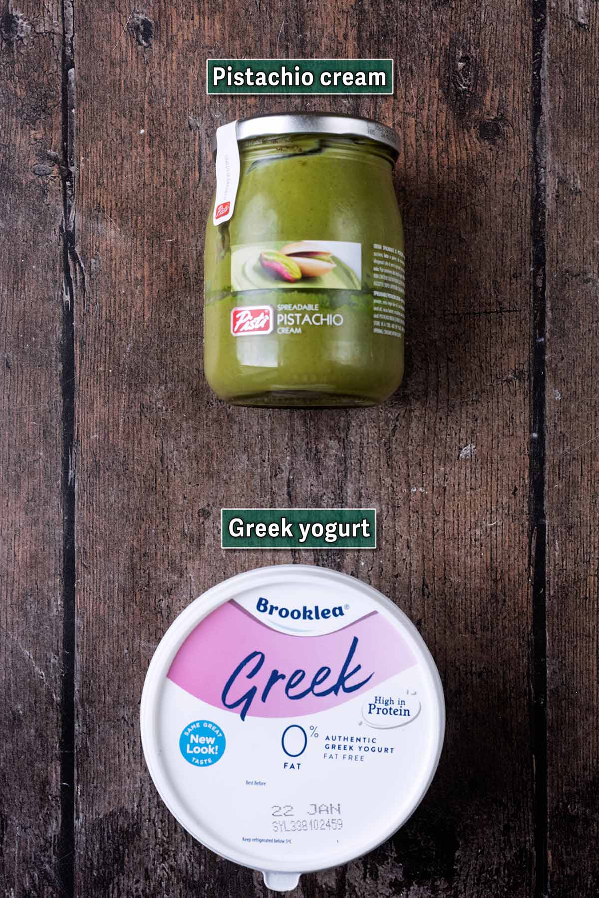 A tub of Greek yogurt and a jar of pistachio cream, each with a text overlay label.