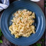 A plate of high protein mac and cheese.