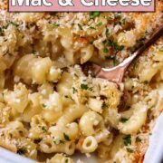 Protein mac and cheese with a text overlay title.