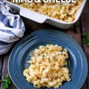 Protein mac and cheese with a text overlay title.