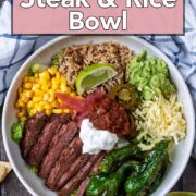 Steak and rice bowl with a text overlay title.