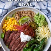 Steak and rice bowl with a text overlay title.