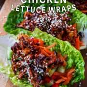 Teriyaki Chicken Lettuce Wraps with a text overlay title.