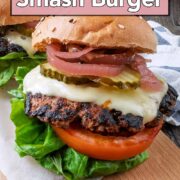 Turkey smash burger with a text overlay title.