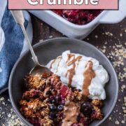 Breakfast crumble with a text overlay title.