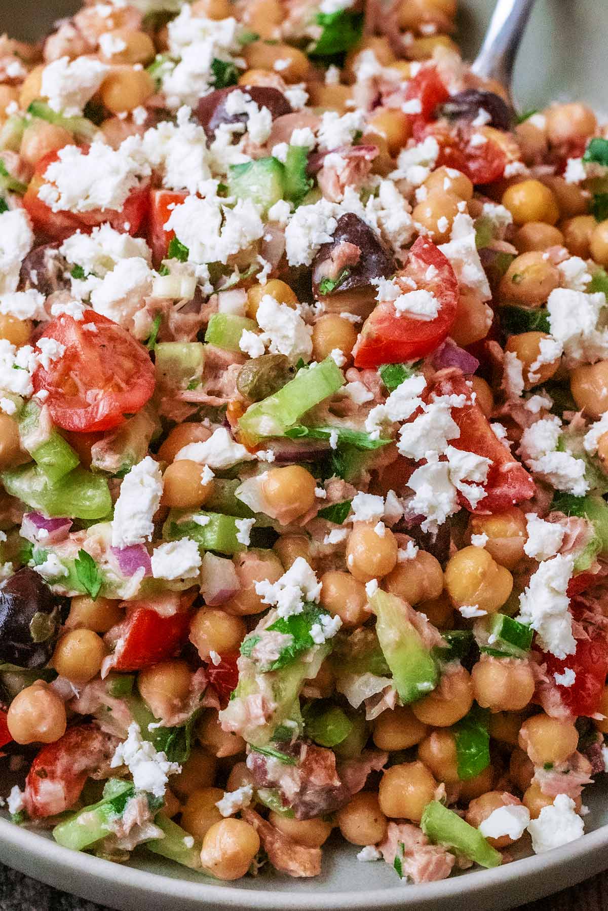 Chickpeas mixed with tuna flakes and chopped salad items.