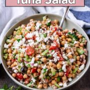 Chickpea tuna salad with a text overlay title.