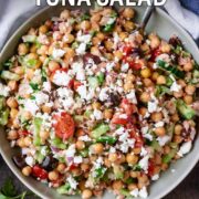 Chickpea tuna salad with a text overlay title.