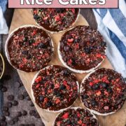 Chocolate rice cakes with a text overlay title.