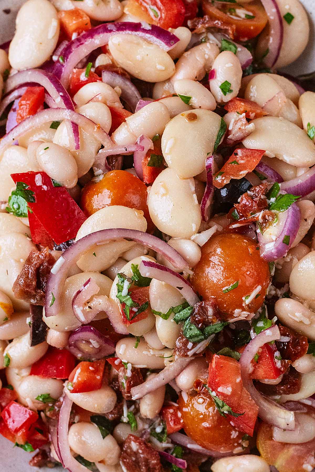 Butter beans, cannellini beans, tomatoes and red onion all mixed together.