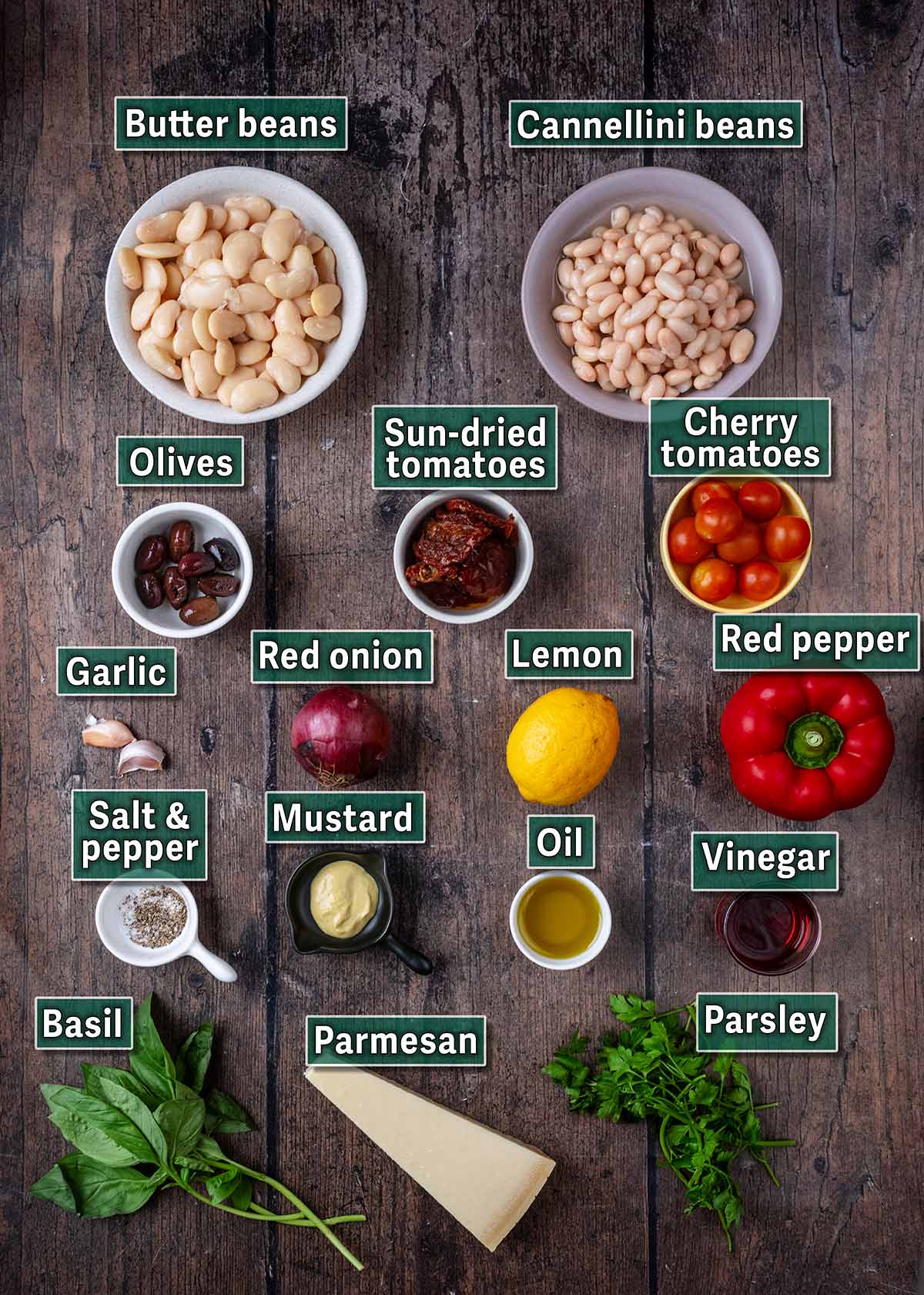 All the ingredients needed to make this recipe, each with a text overlay label.