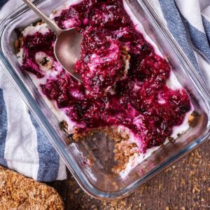 Overnight Weetabix in a glass bowl.