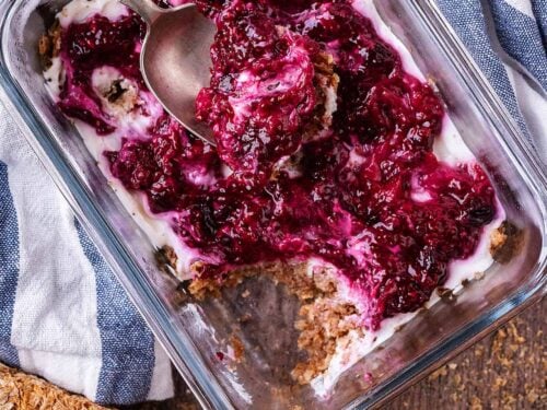 Overnight Weetabix in a glass bowl.