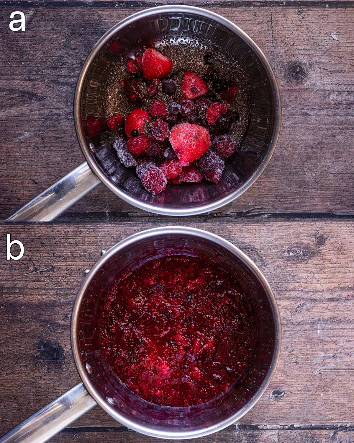 Two shot collage of frozen berries in a pan, before and after cooking.