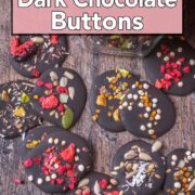 Superfood dark chocolate buttons with a text overlay title.