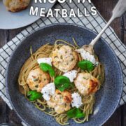 Chicken and ricotta meatballs with a text overlay title.