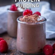 Chocolate protein pudding with a text overlay title.