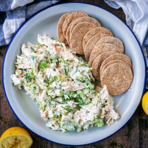 Cottage cheese chicken salad on a plate with some crackers.