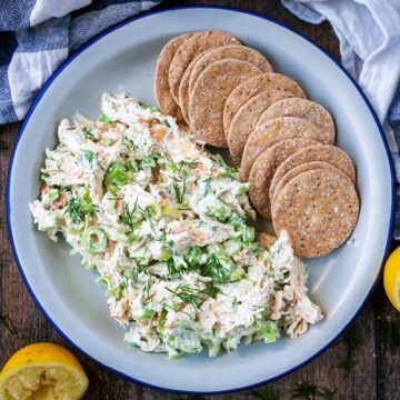 Cottage cheese chicken salad on a plate with some crackers.