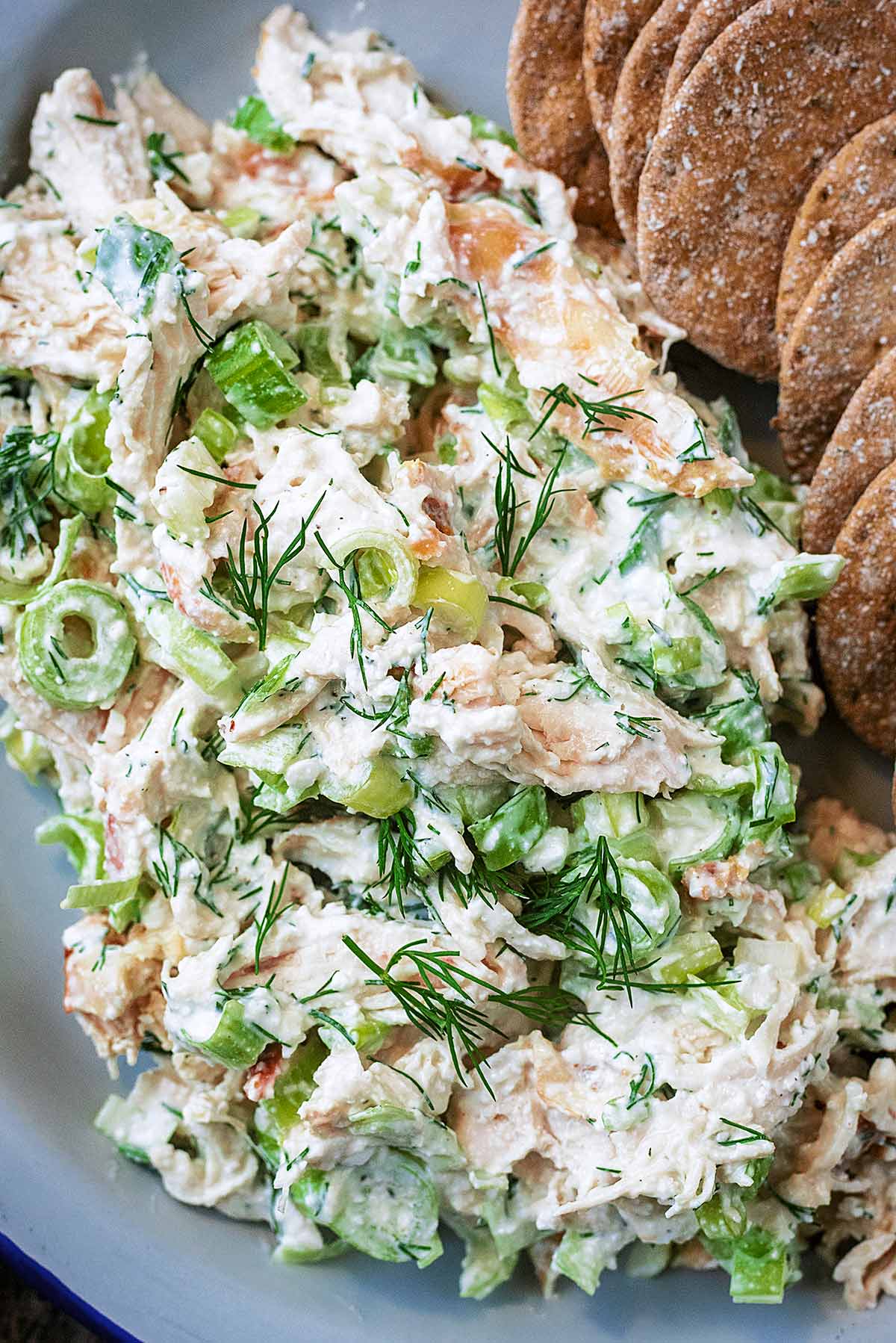 Shredded chicken, green onions and dill in a creamy sauce.