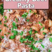 One pot creamy beef pasta with a text overlay title.