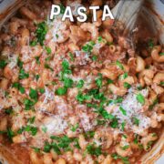 One pot creamy beef pasta with a text overlay title.