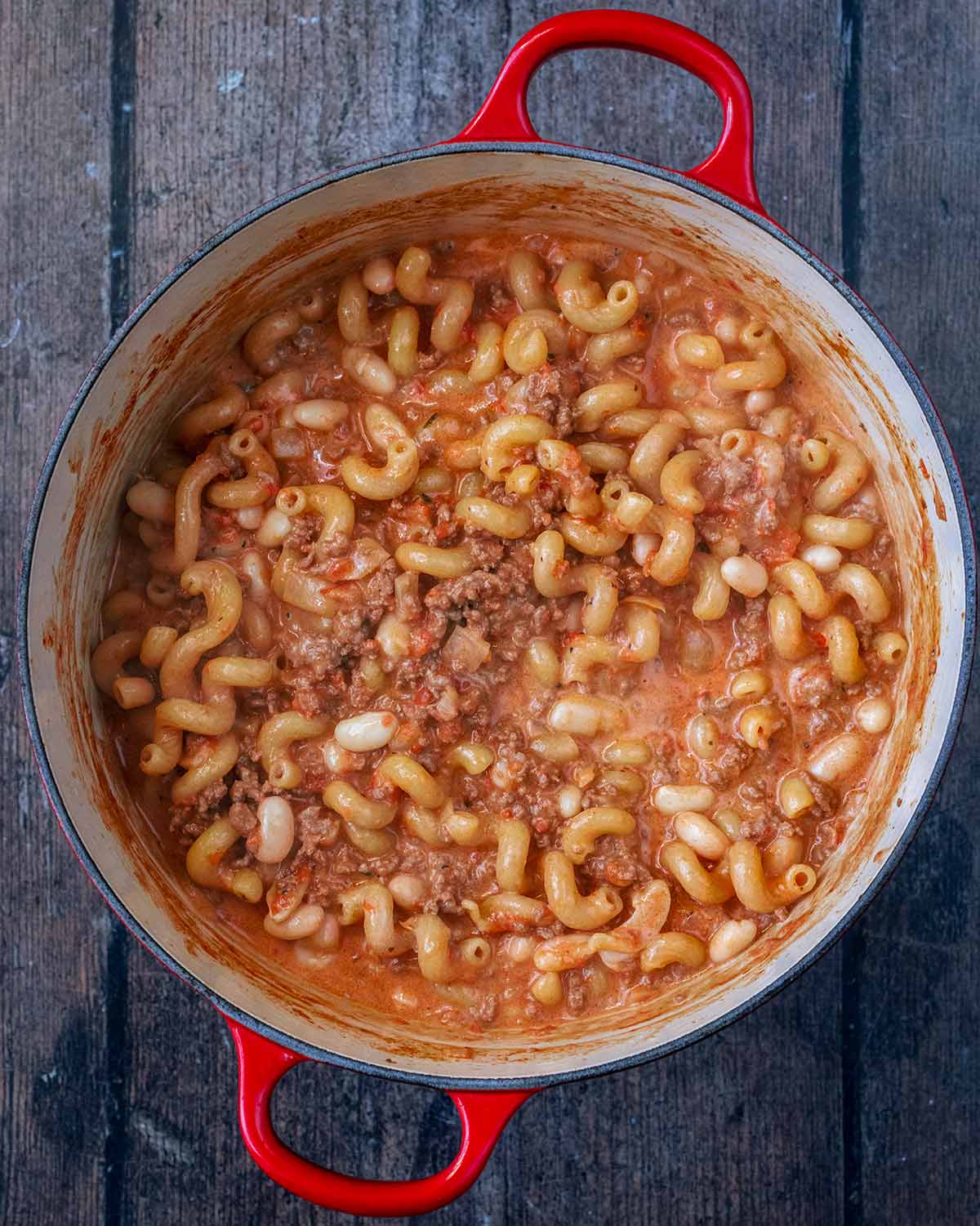 Cooked beef and pasta in the large pot.