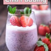 Strawberry chia seed pudding with a text overlay title.