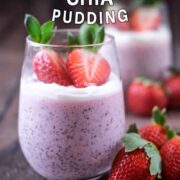 Strawberry chia seed pudding with a text overlay title.