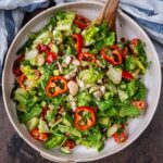 Chopped turkey salad in a large round serving bowl.