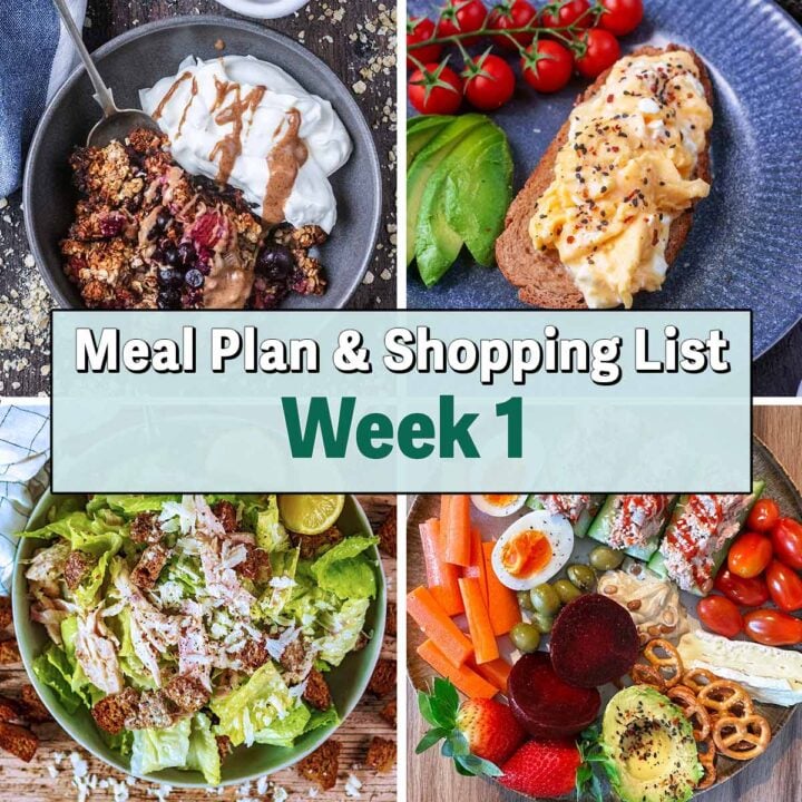 Collage of four pictures of different meals with a text overlay saying Meal Plan Week 1.