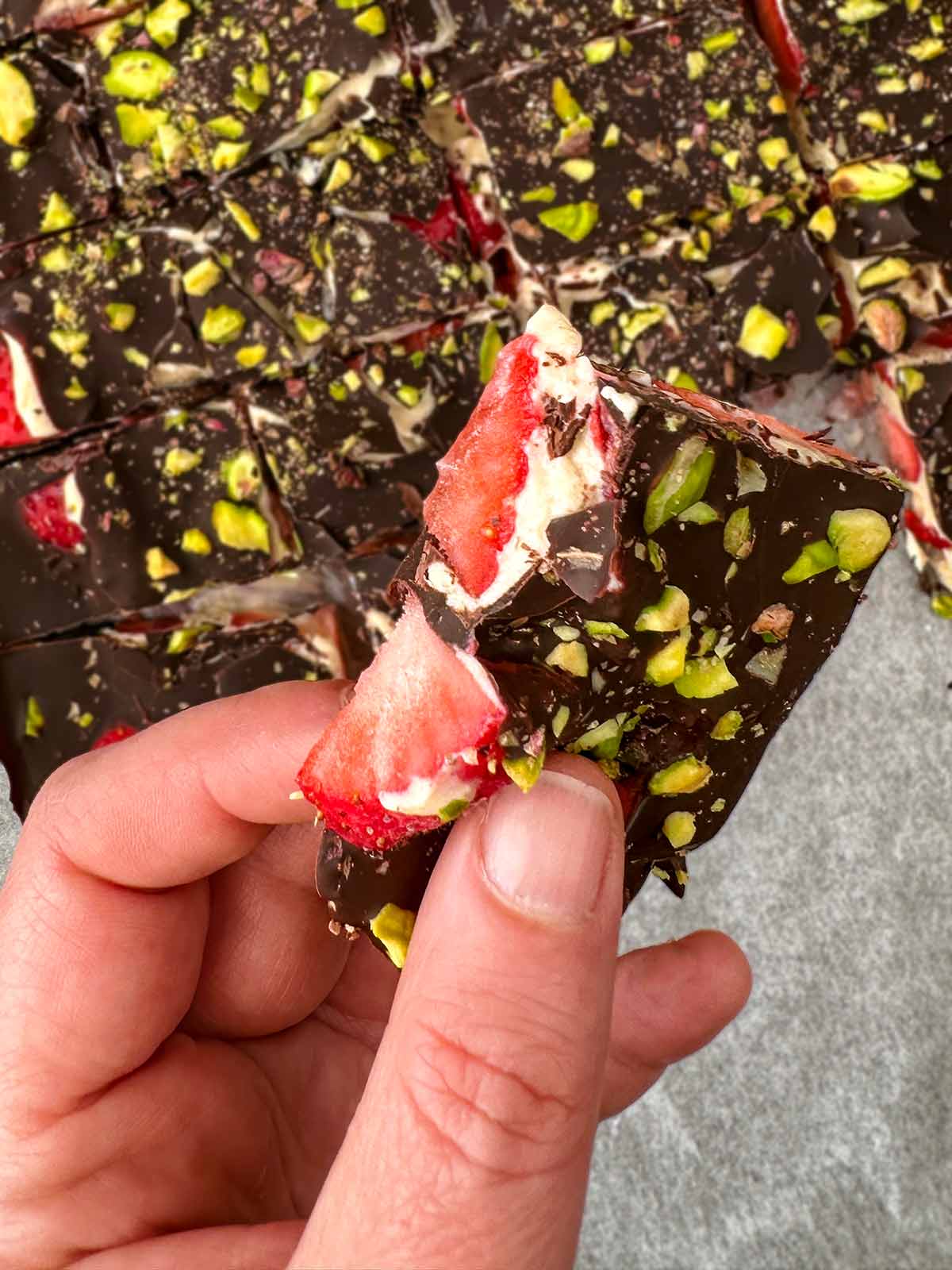 A hand holding a piece of strawberry chocolate bark.