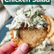 Green Goddess chicken salad with a text overlay title.