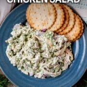 Green Goddess chicken salad with a text overlay title.