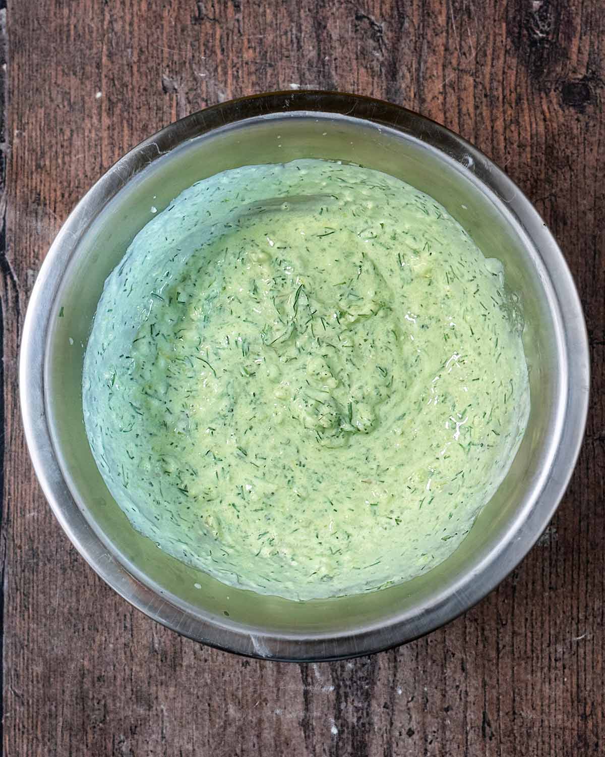 Everything mixed in the bowl.