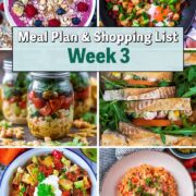 Collage of six pictures of different meals with a text overlay saying Meal Plan Week 3.