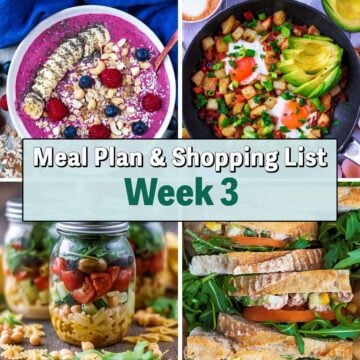 Collage of four pictures of different meals with a text overlay saying Meal Plan Week 3.