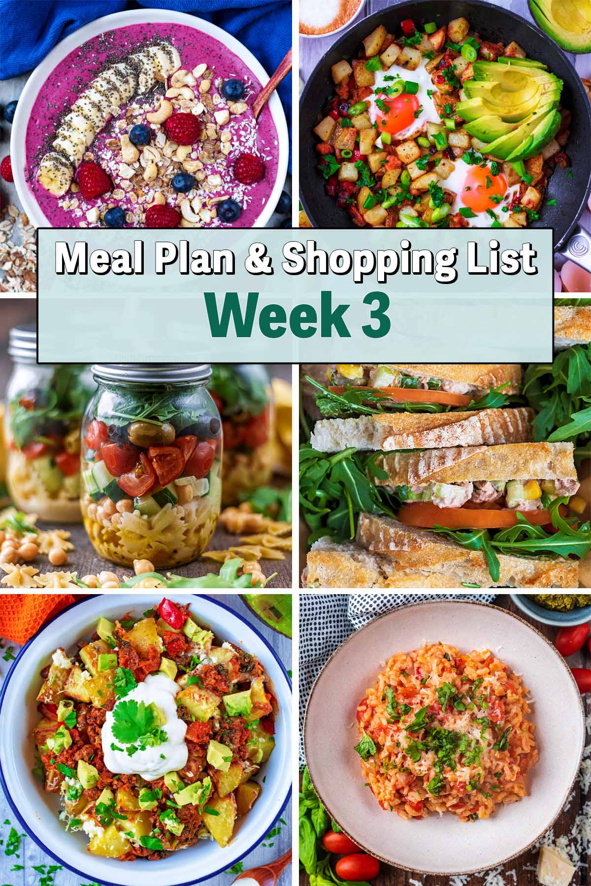 Collage of six pictures of different meals with a text overlay saying Meal Plan Week 3.