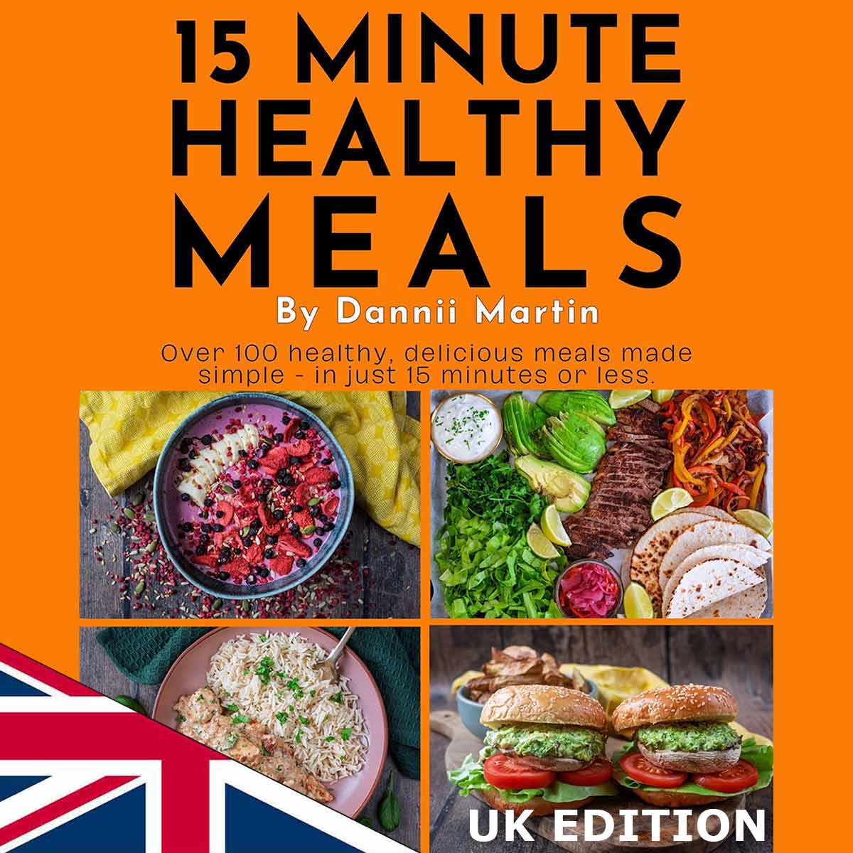 The front cover of the 15 Minute Meals ebook with a UK flag on it.