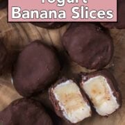 Chocolate dipped frozen yogurt banana slices with a text overlay title.