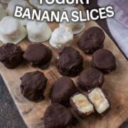 Chocolate dipped frozen yogurt banana slices with a text overlay title.