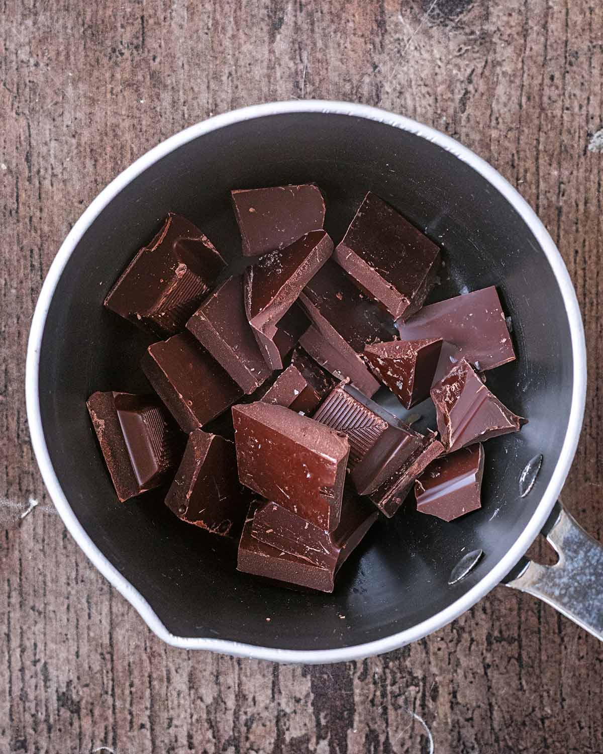Chunks of chocolate in a small black saucepan.