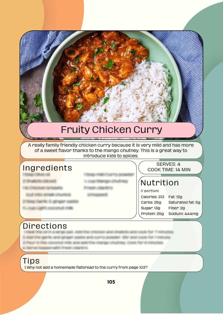 Fruity chicken curry recipe page from the 15 Minute Healthy Meals book.